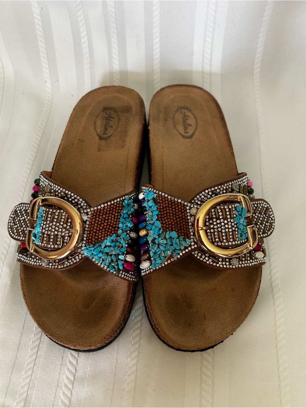 Atalina Womens 39 Boho-Chic Slide Sandals Gold Buckle Turquoise Multicolor Beads